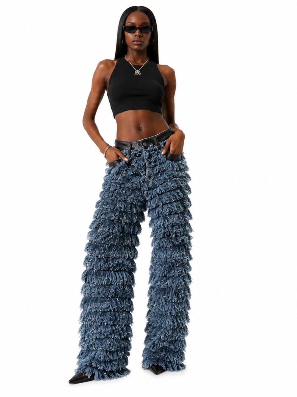 Aphrodite 07 Fringe Shaggy Denim Jeans Blue Statement Wide Leg Pants, NWT